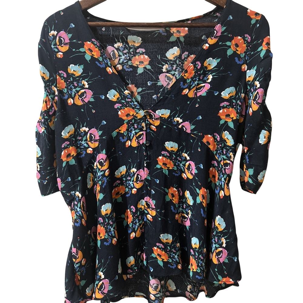 Zara Trafaluc Navy Floral Ruched Sleeve Peplum Top Size Small - Picture 2 of 6